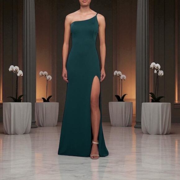 La Femme Green One Shoulder Gown 28176  Size 2 New - Picture 2 of 6